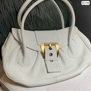 Celine Elegant White Leather Handbag with Gold Accents